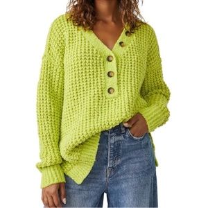 Free People Green Chunky Knit Whistle Thermal Henley Oversized Sweater Medium